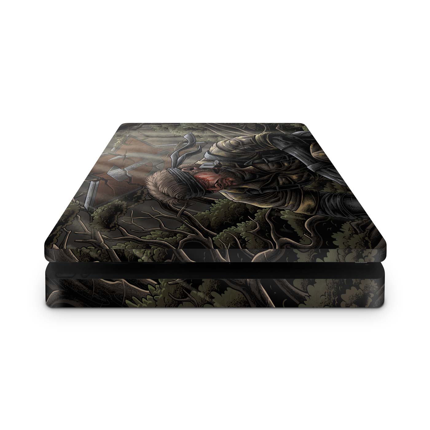 Gaming console skin with a stealth Cold War legend soldier themed design on a flat white background