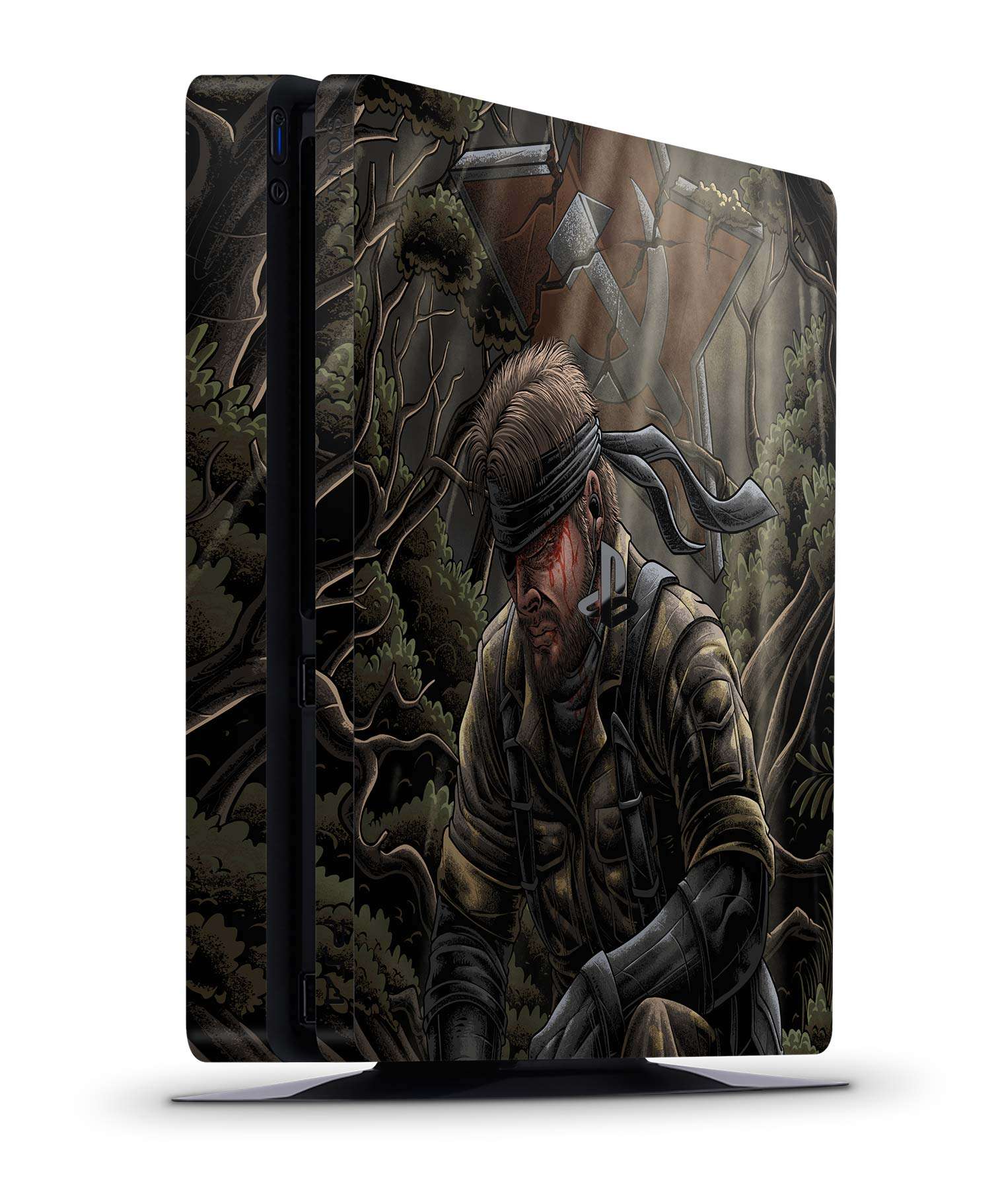 Gaming console skin with a stealth Cold War legend soldier themed design on a vertical white background