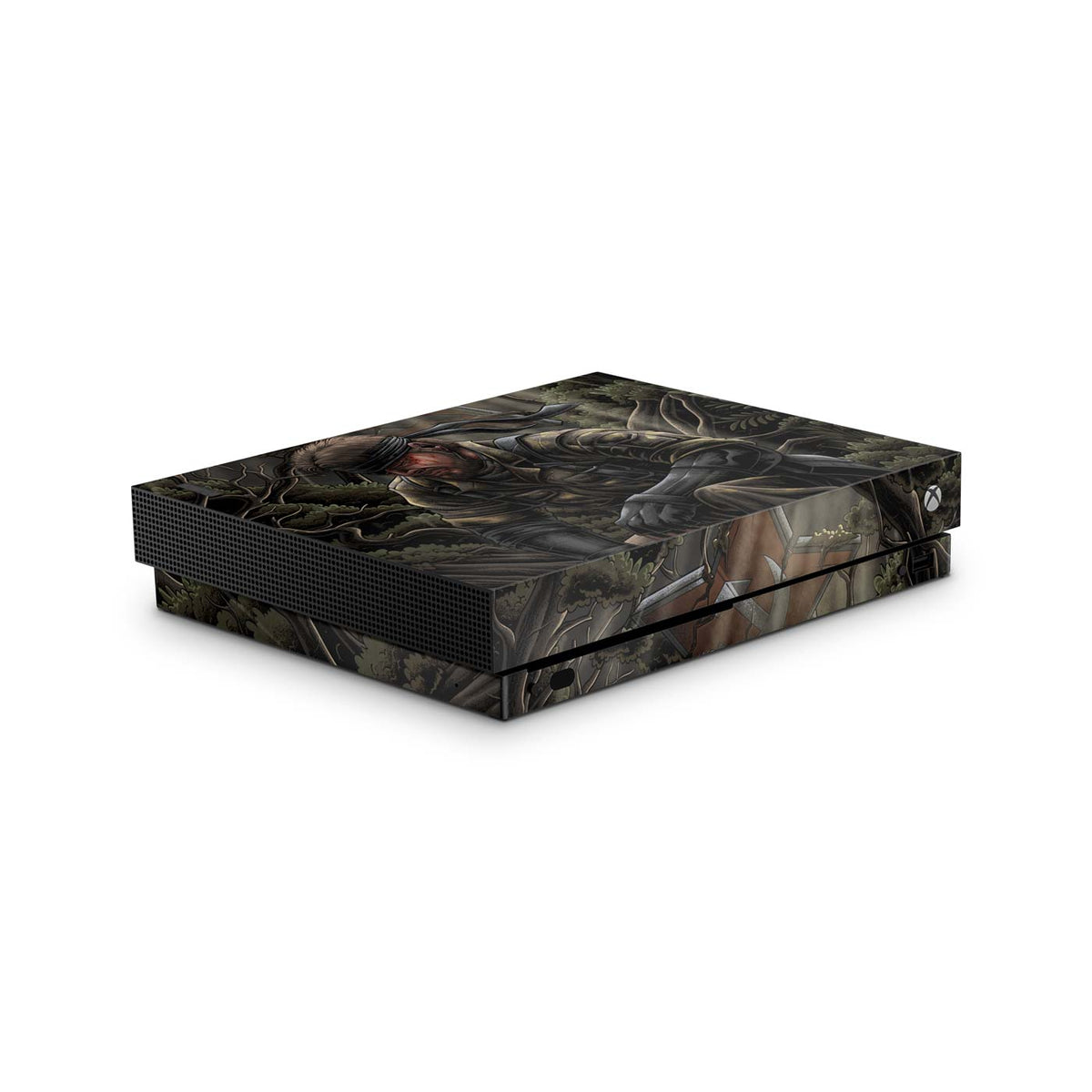 Gaming console skin with a stealth Cold War legend soldier themed front side design on a white background