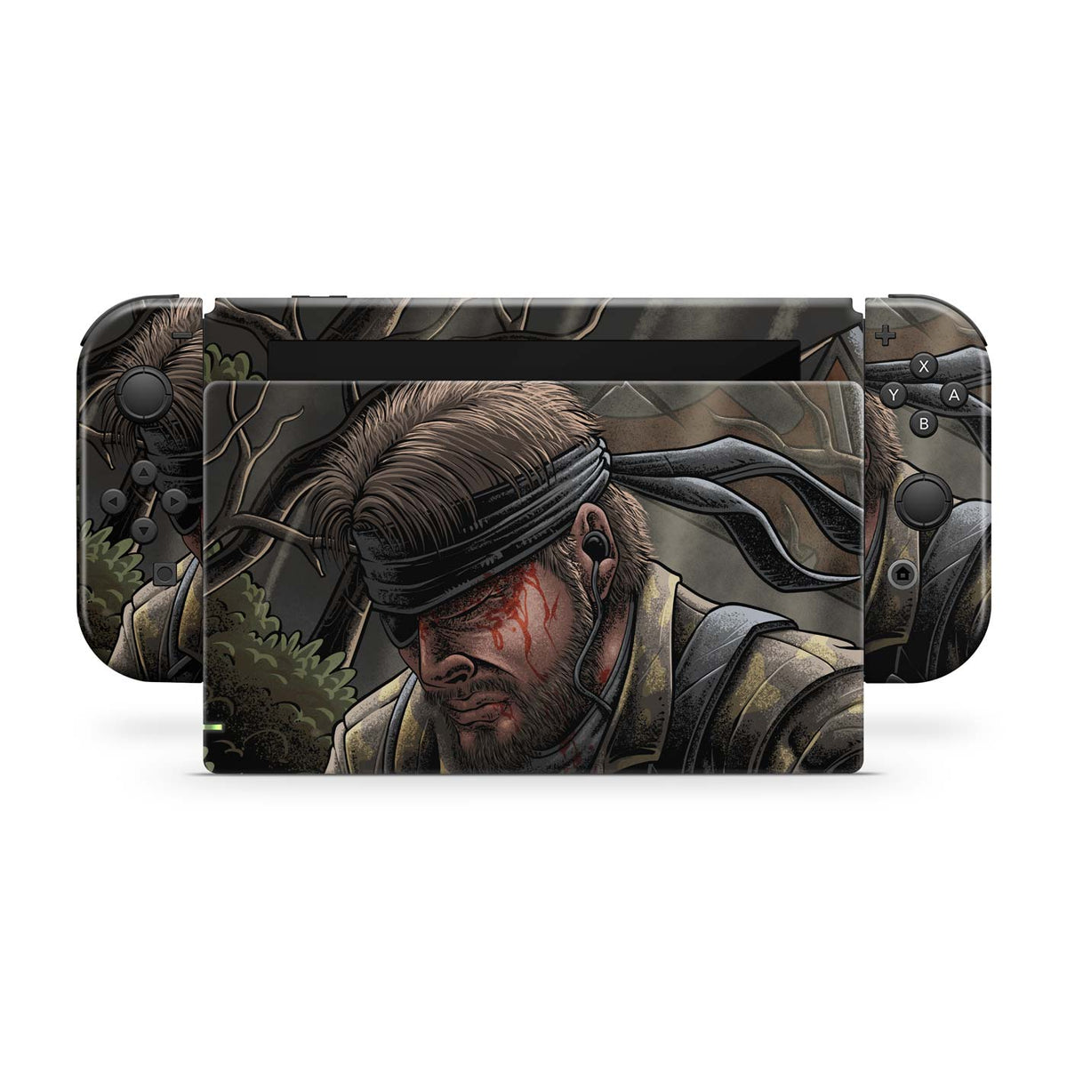 Gaming console skin with a stealth Cold War legend soldier themed flat front design on a white background