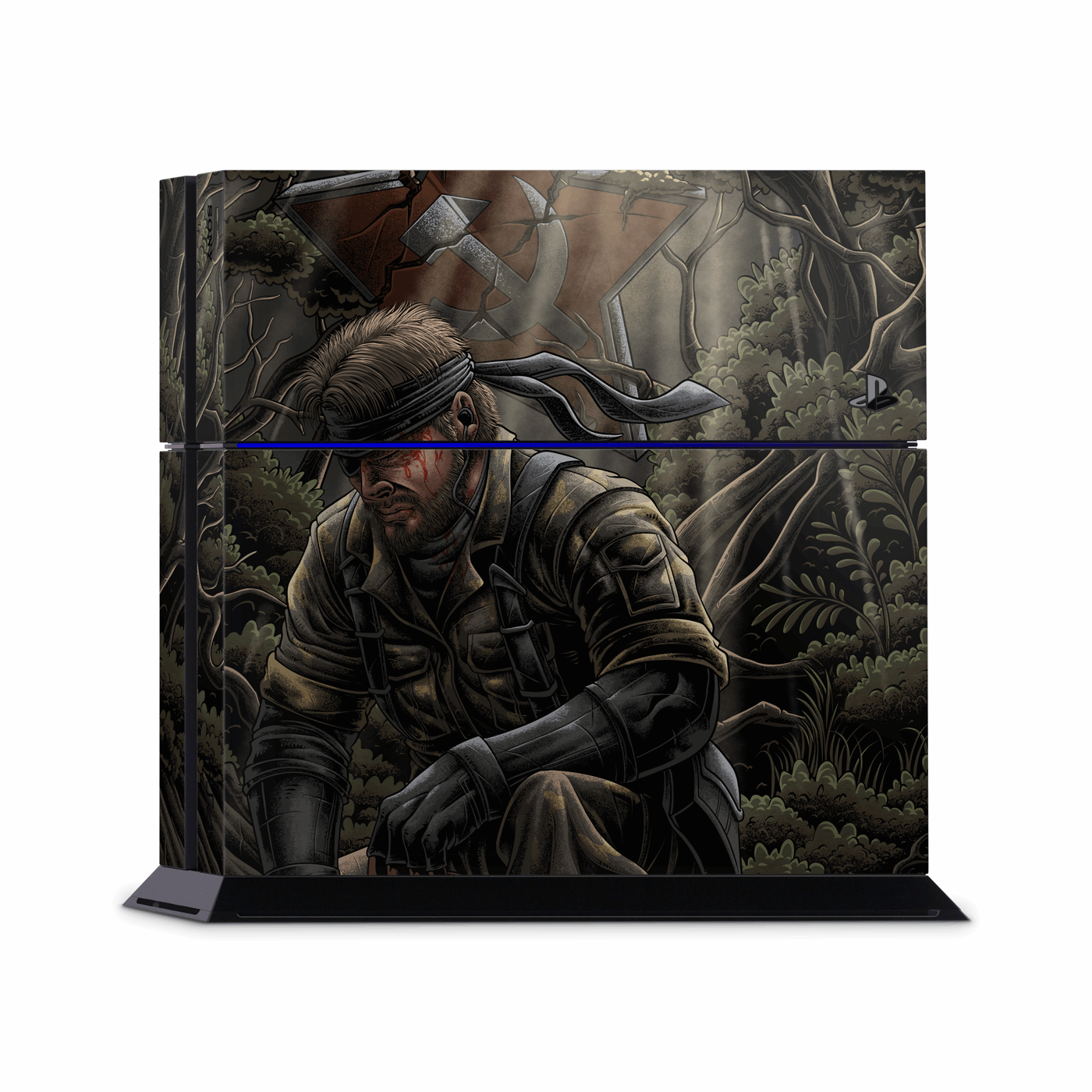 Gaming console skin with a stealth Cold War legend soldier themed design on a side white background