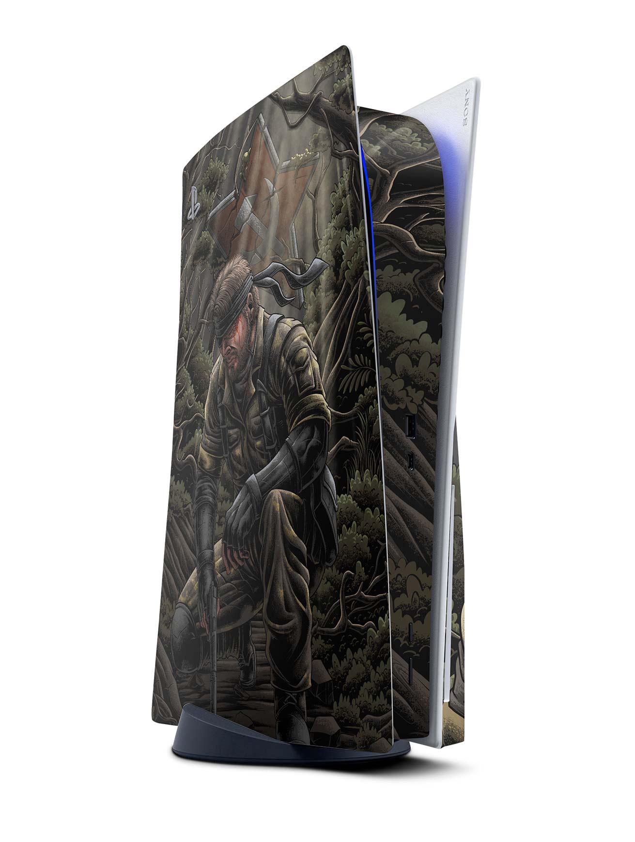 Gaming console with a detailed artwork of a character on its surface