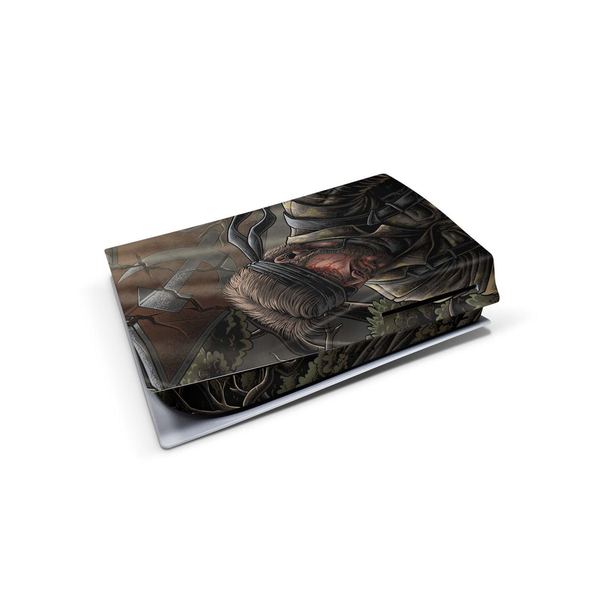 Gaming console skin with a character design on a white background