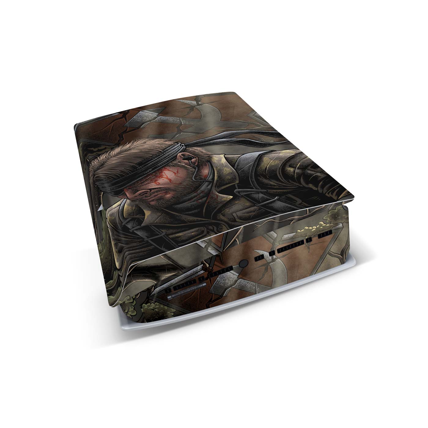 Gaming console skin with a character design on a white background