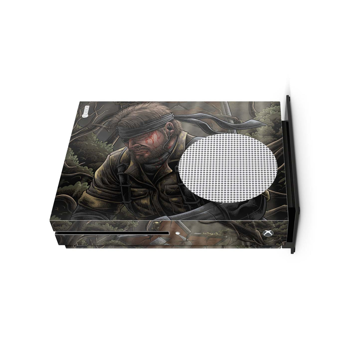 Gaming console skin with a stealth Cold War legend soldier themed front side design on a white background