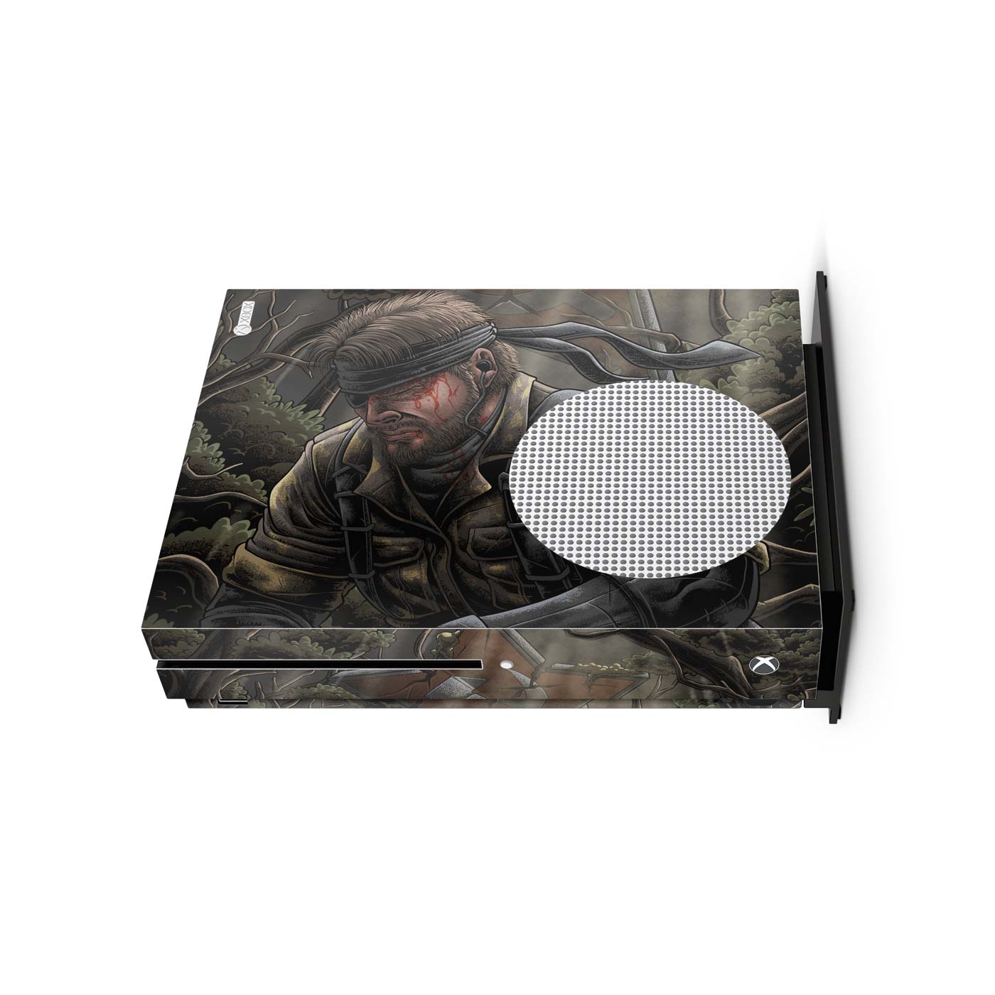 Gaming console skin with a stealth Cold War legend soldier themed front side design on a white background
