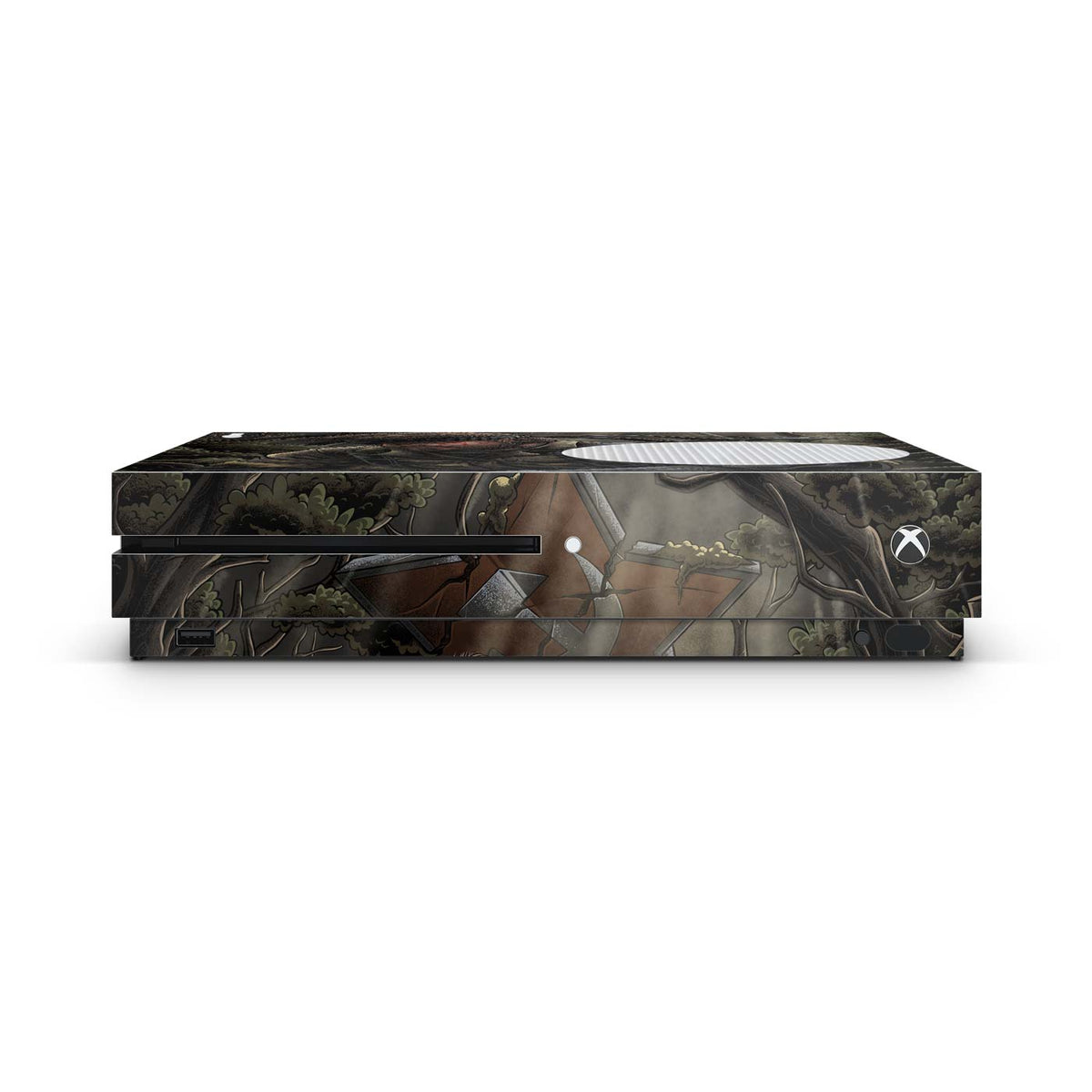 Gaming console skin with a stealth Cold War legend soldier themed edge design on a white background