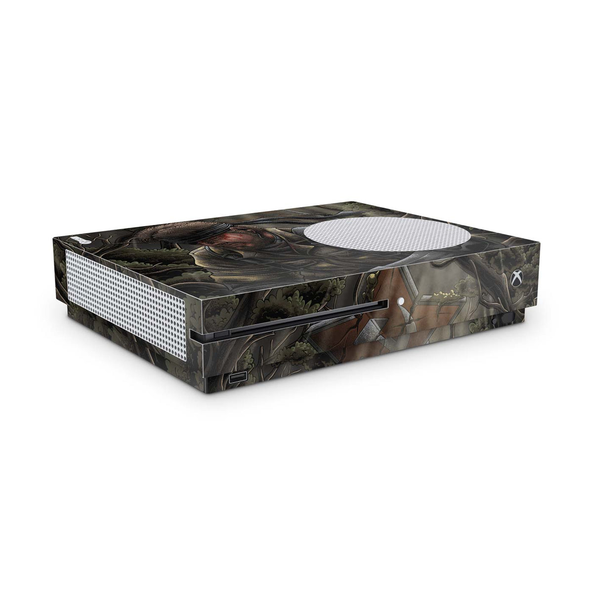 Gaming console skin with a stealth Cold War legend soldier themed side design on a white background