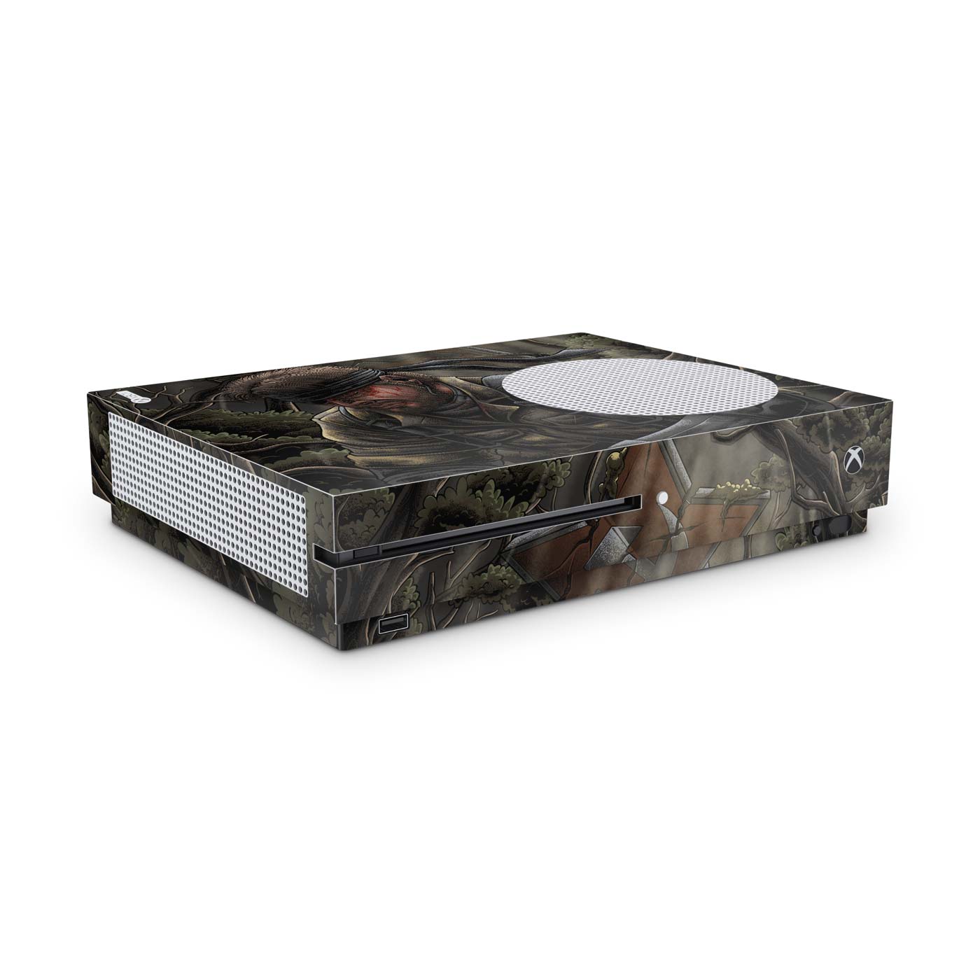 Gaming console skin with a stealth Cold War legend soldier themed side design on a white background