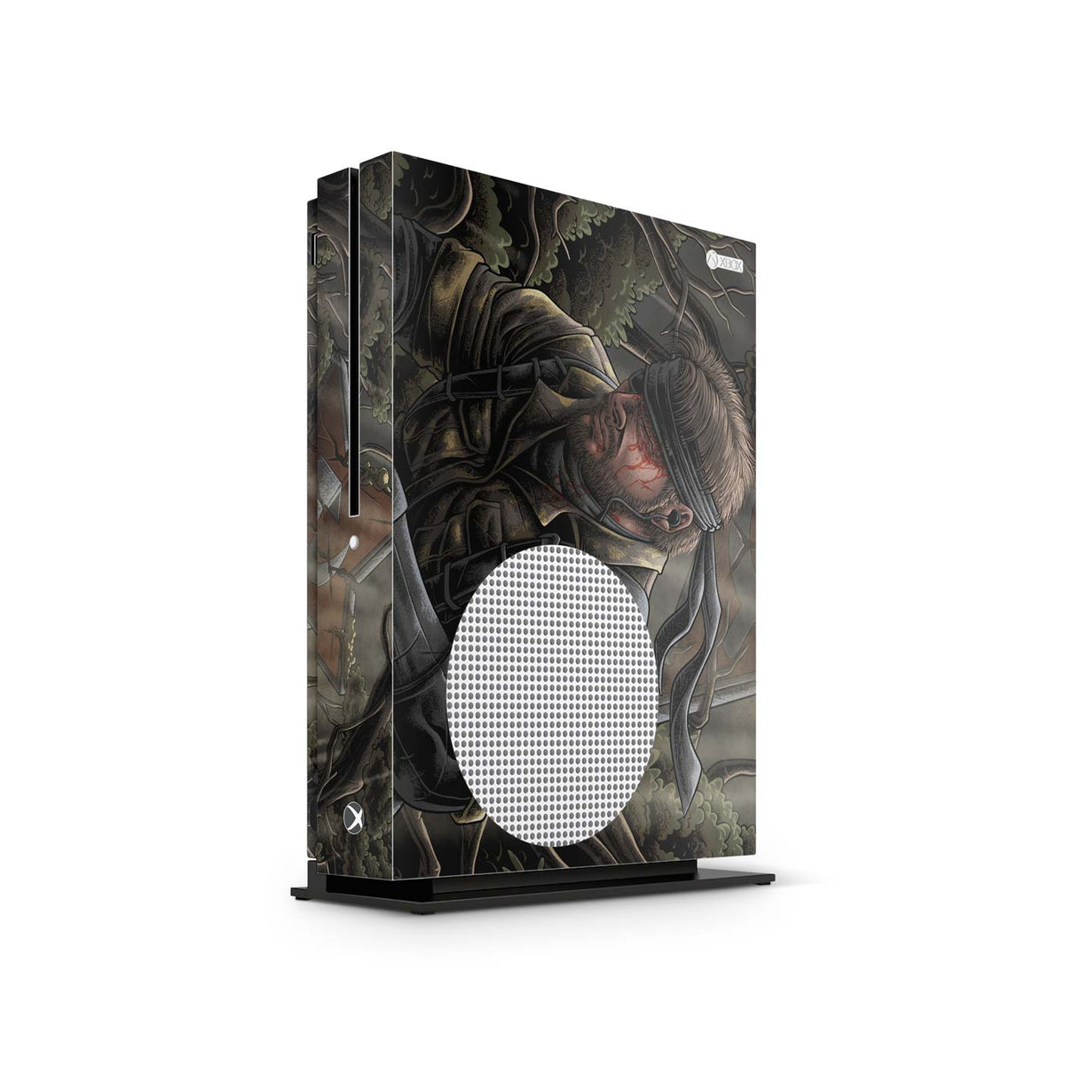 Gaming console skin with a stealth Cold War legend soldier themed vertical design on a white background