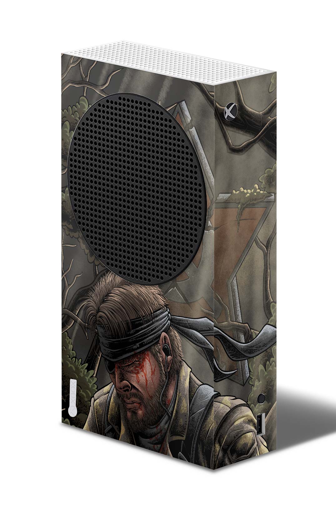 Gaming console skin with a character design on a white background